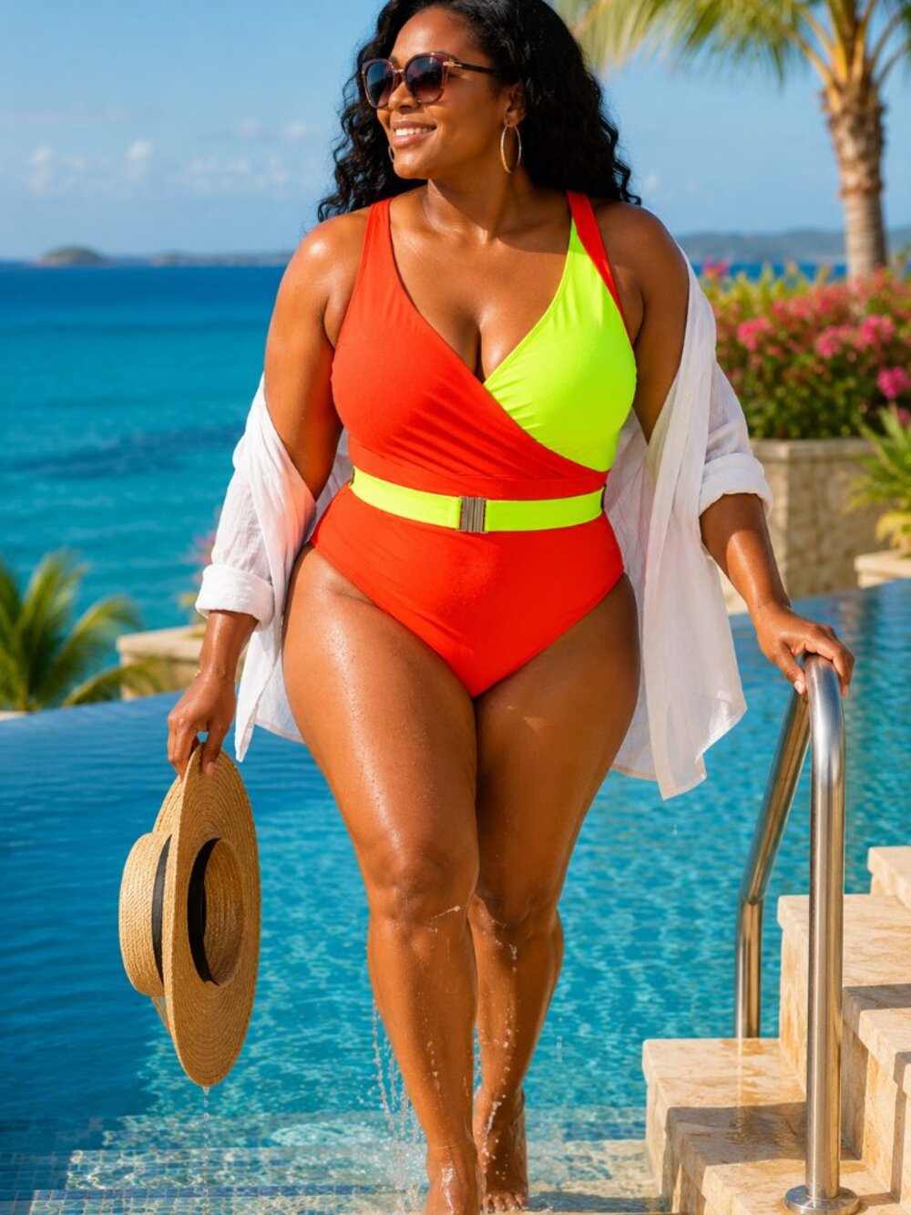 2XL Colorblock Tummy Control One Piece Swimsuit Belted Orange Lime Resort Pool C